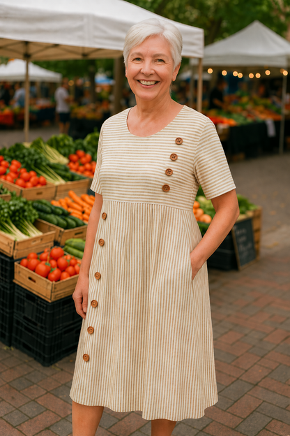 Vestido midi de rayas con manga corta y botones para mujer - Atemporal veraniego