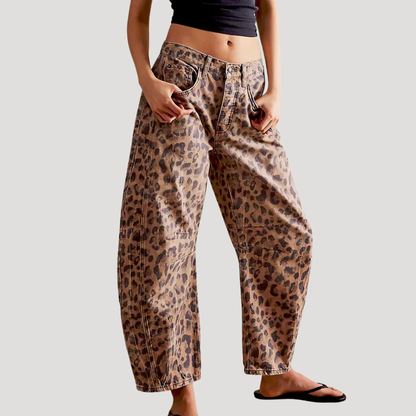 Isadora | Women's Leopard Print Barrel Leg Wide Jeans - Brown - Image 5
