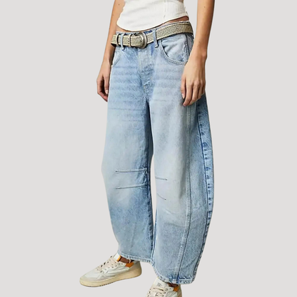 Pantalón vaquero pernera barril estampado leopardo para mujer - Tenden