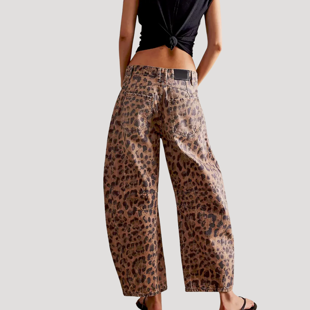 Pantalón vaquero pernera barril estampado leopardo para mujer - Tenden