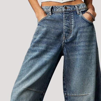 Pantalón vaquero pernera barril estampado leopardo para mujer - Tenden