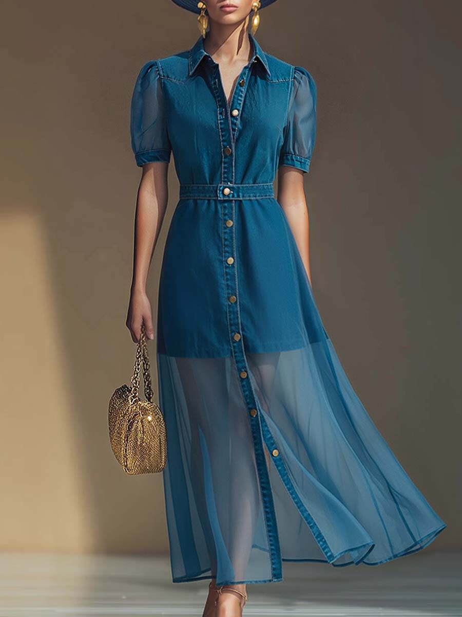 Isolde | Women's Button Front V-Neck Maxi Dress - Blue - Image 6