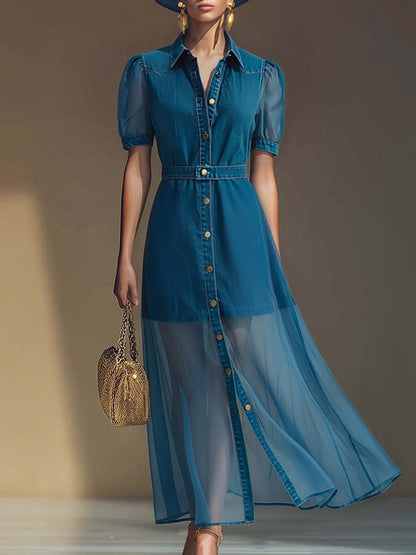 Isolde | Women's Button Front V-Neck Maxi Dress - Blue - Image 6