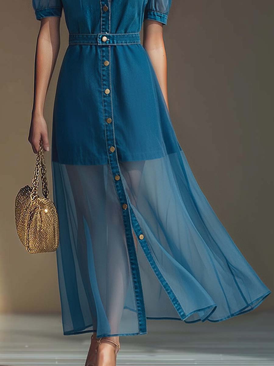 Vestido Largo con Botones Frontales y Cuello V Elegante