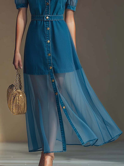 Vestido Largo con Botones Frontales y Cuello V Elegante