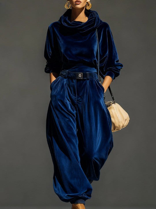 Conjunto vintage de terciopelo marrón para mujer con sudadera con capucha y pantalón holgado, suave, cómodo y elegante