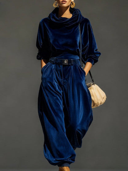Conjunto vintage de terciopelo marrón para mujer con sudadera con capucha y pantalón holgado, suave, cómodo y elegante
