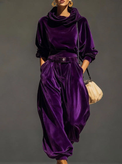 Conjunto vintage de terciopelo marrón para mujer con sudadera con capucha y pantalón holgado, suave, cómodo y elegante
