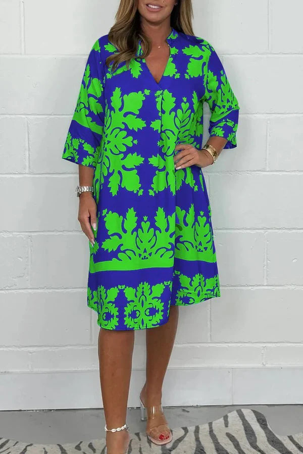 Vestido primaveral con estampado vibrante y manga amplia para mujer, ligero y elegante