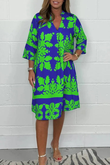 Vestido primaveral con estampado vibrante y manga amplia para mujer, ligero y elegante