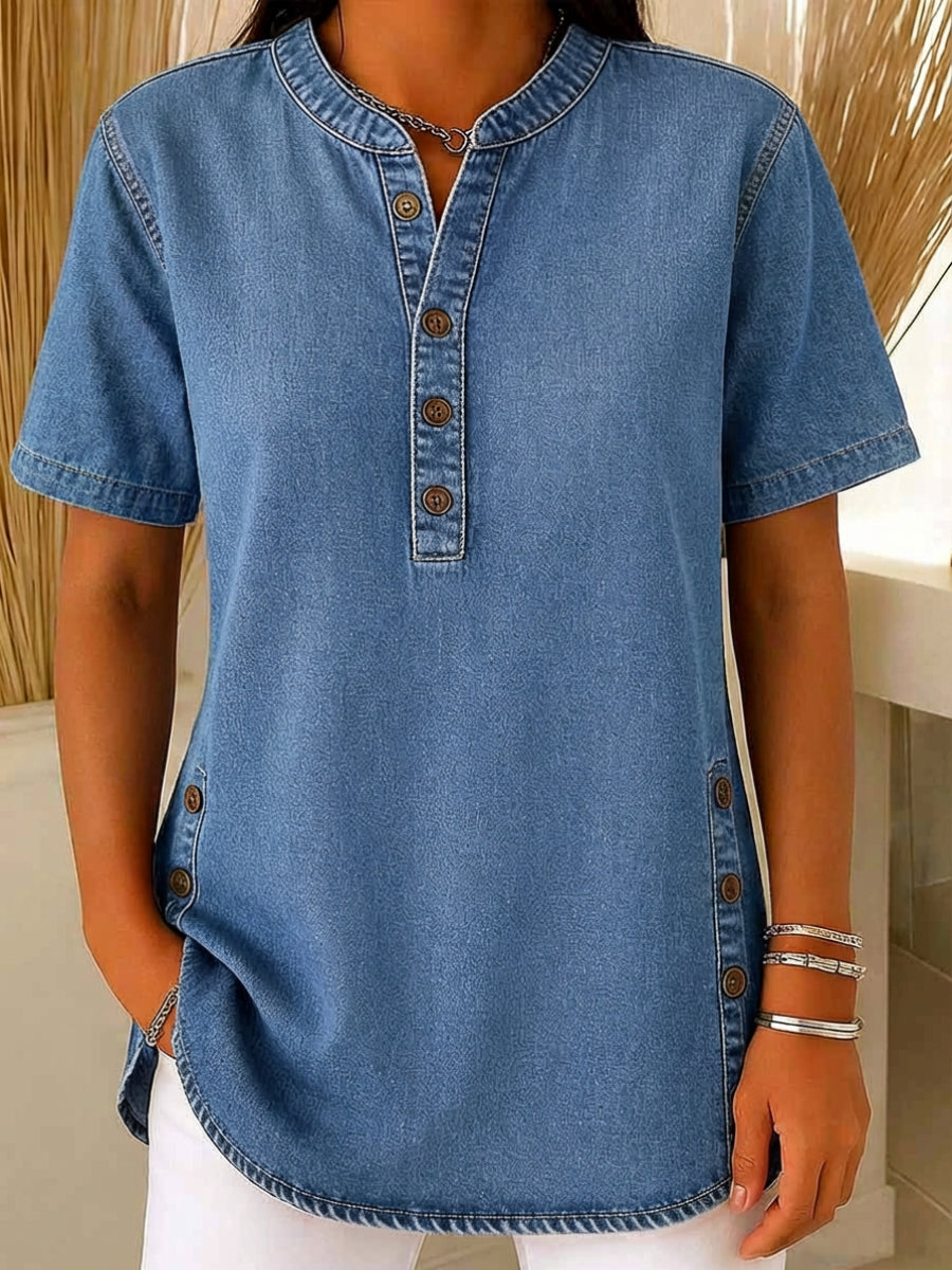 Juniper | Women's Short Sleeve Henley Blouse - Blue - Image 4