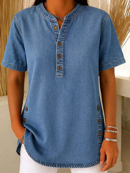 Juniper | Women's Short Sleeve Henley Blouse - Blue - Image 4