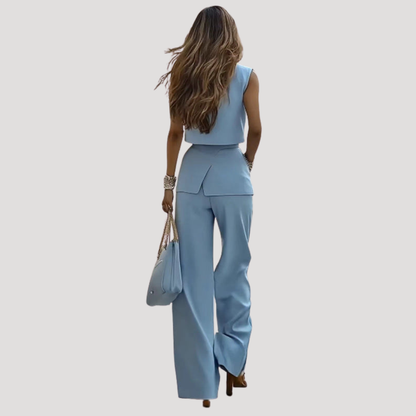 Conjunto de chaleco blazer sin mangas y pantalón de pernera ancha