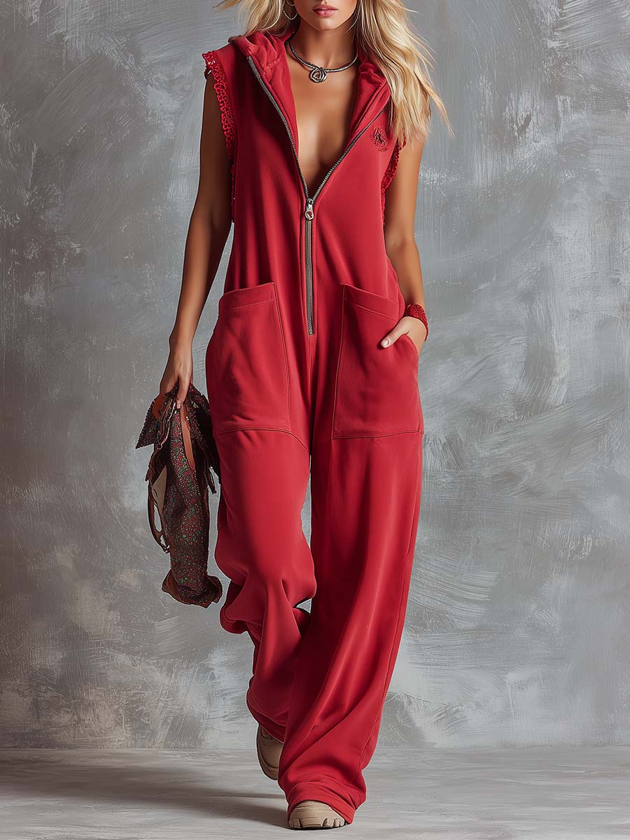 Kendra | Women's Hooded Sleeveless Red Jumpsuit - Red - Image 6