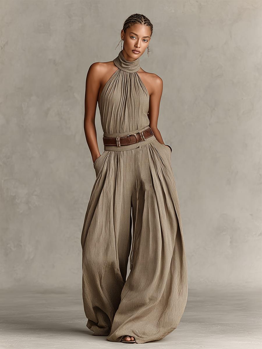 Isabella | Mono de Algodón Taupe con Cuello Americano y Pierna Ancha para Mujer Boho-Élegante