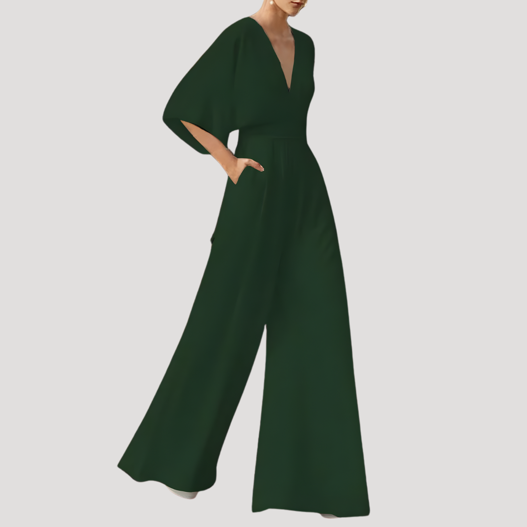 Leonie | Women's V Neck Wide Leg Jumpsuit - Dark Green - Image 5
