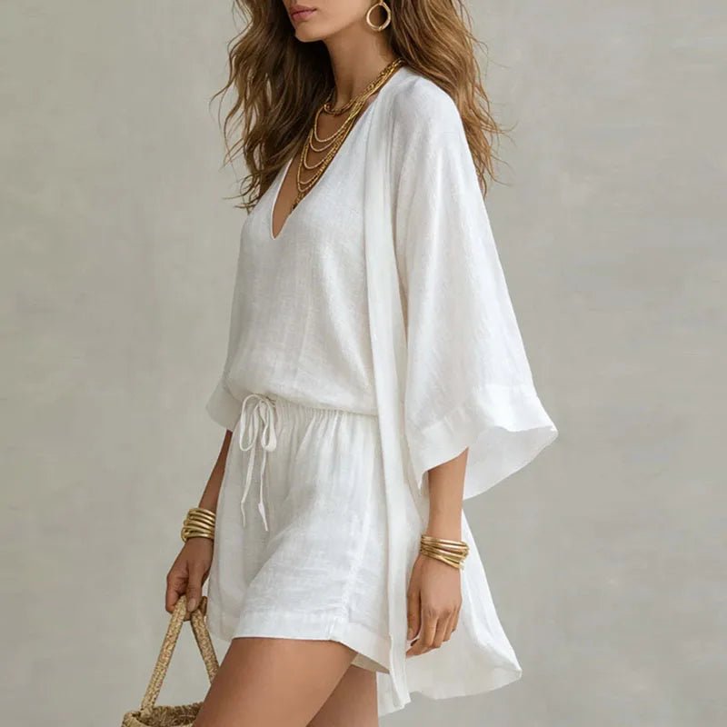 Conjunto de Lino de 3 Piezas con Top Escote en V y Kimono | Verano