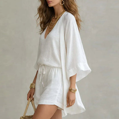 Conjunto de Lino de 3 Piezas con Top Escote en V y Kimono | Verano