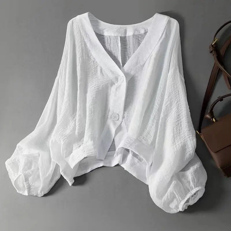 Linen Blouse V-Neck Batwing Sleeves Loose Fit Summer