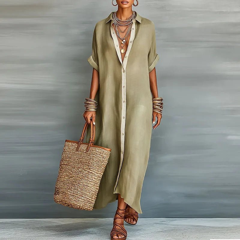 Linen Maxi Shirt Dress Button Down Short Sleeve Relaxed - Green