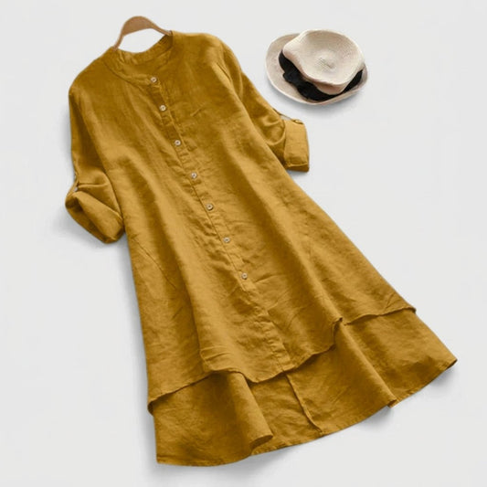 Linen Shirt Dress Button-Down Layered Hem - Light Blue