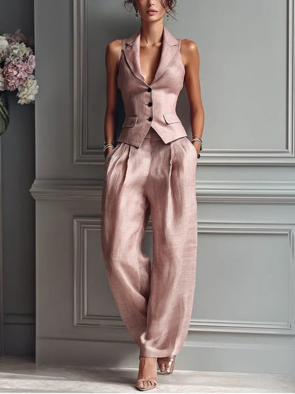 Linen Vest Wide Leg Pants Set Sleeveless Lapel