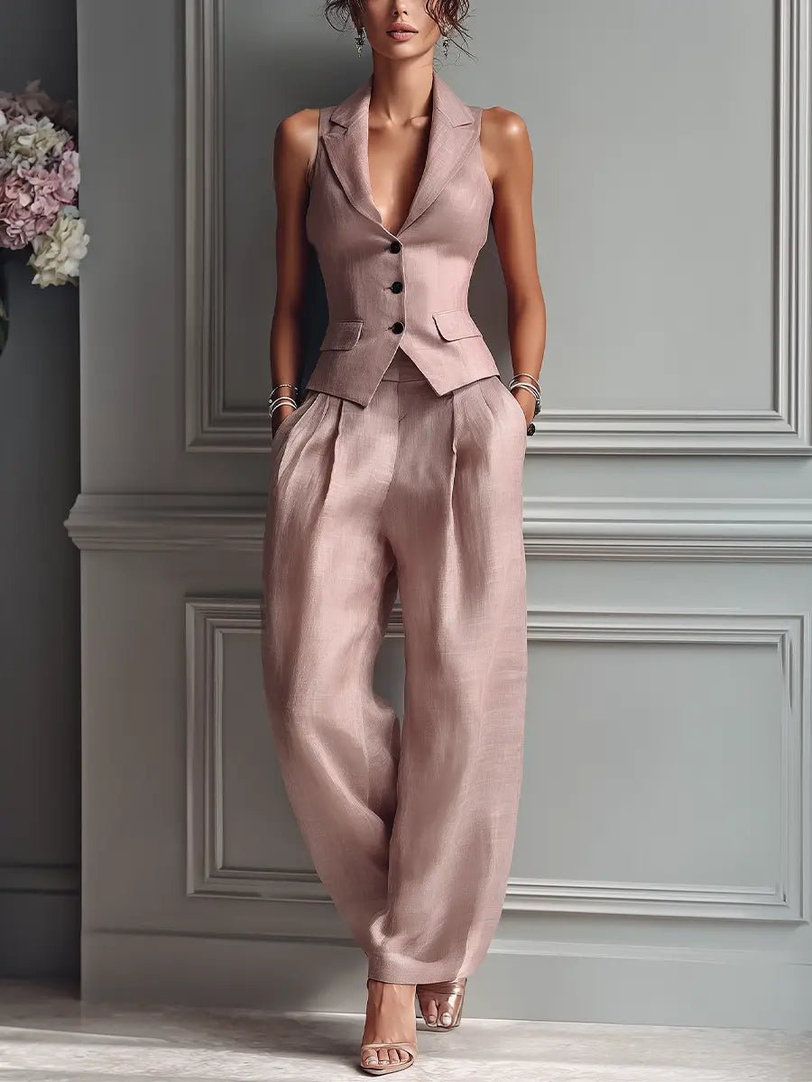 Linen Vest Wide Leg Pants Set Sleeveless Lapel