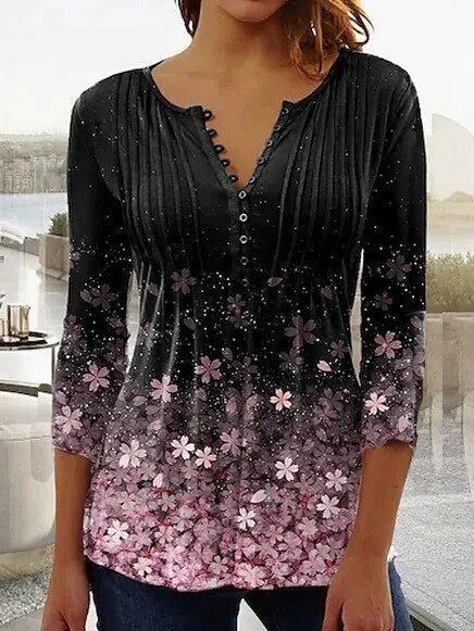Amelia | Blusa de Punto Floral con Cuello Henley para Mujer de Verano Elegante