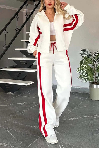 Lydia | Women's Striped Zip Up Track Suit Set - White - Image 5