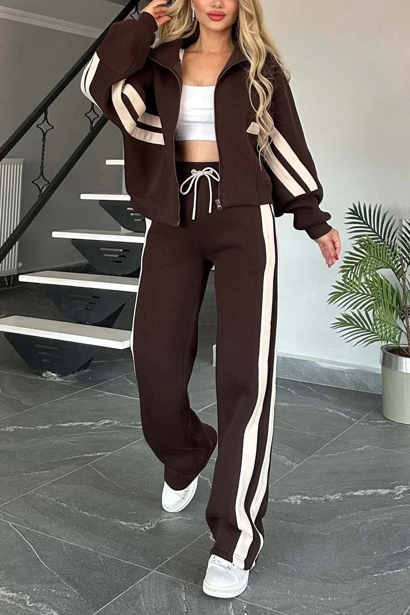Conjunto de chándal con cremallera y rayas para mujer - Deportivo verano
