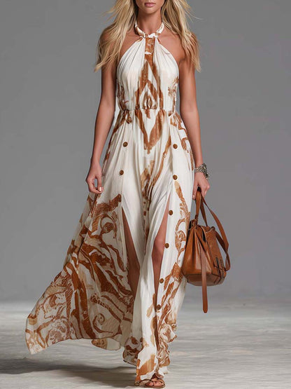Marcella | Women's Halter Neck Print Maxi Dress - Brown - Image 6