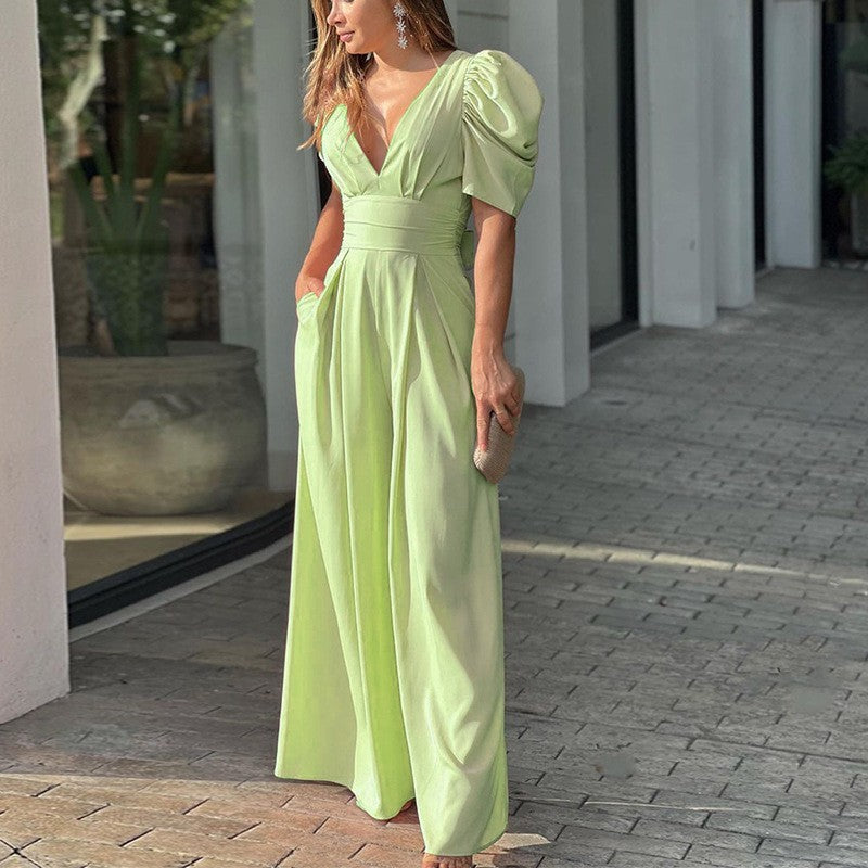 Marigold | Women's V-Neck Puff Sleeve Wide Leg Jumpsuit - Green - Image 6