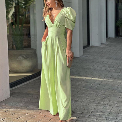 Marigold | Women's V-Neck Puff Sleeve Wide Leg Jumpsuit - Green - Image 6