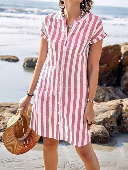 Vestido camisero de rayas para mujer con botones delanteros y mangas cortas, ligero y transpirable