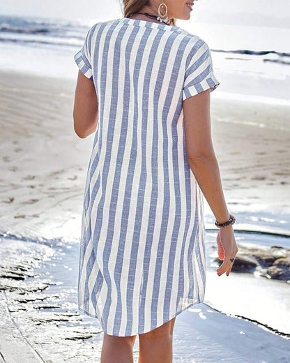 Vestido camisero de rayas para mujer con botones delanteros y mangas cortas, ligero y transpirable