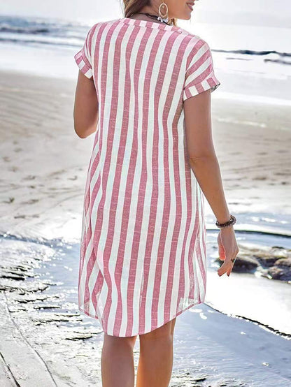 Vestido camisero de rayas para mujer con botones delanteros y mangas cortas, ligero y transpirable