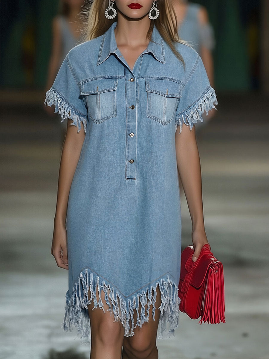 Marisol | Women's Collared Fringe Mini Dress - Light Blue - Image 6