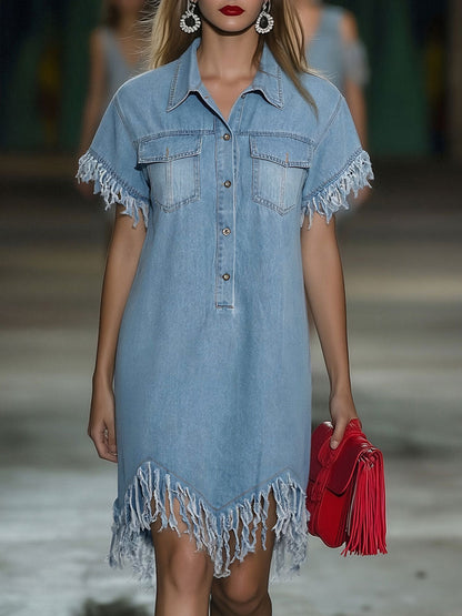 Marisol | Women's Collared Fringe Mini Dress - Light Blue - Image 6