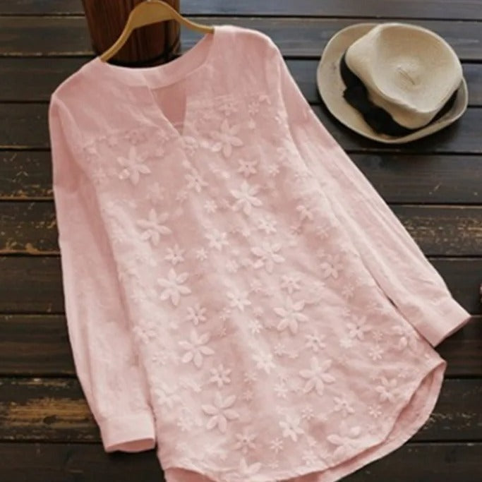 Blusa de manga larga con cuello redondo para mujer