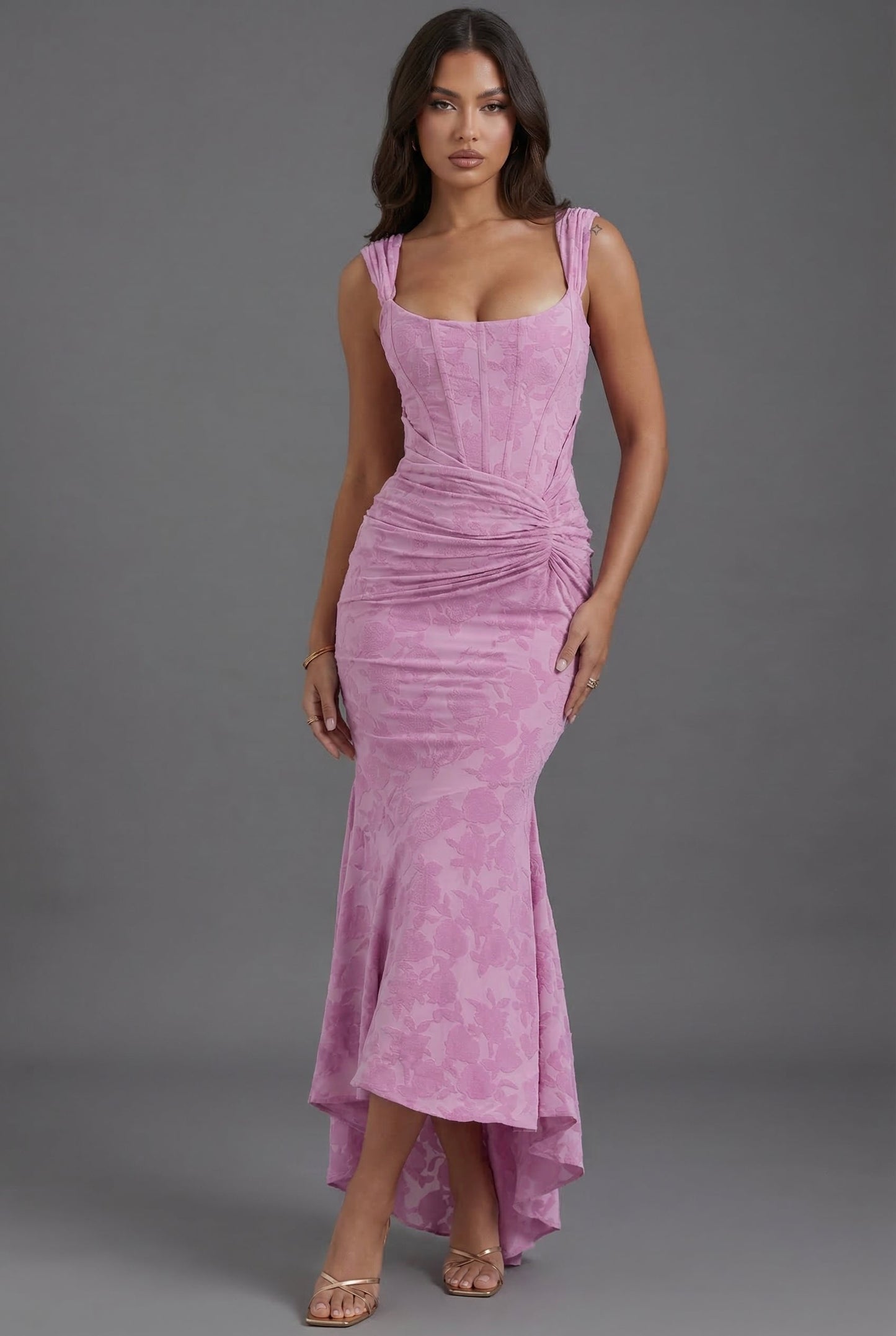 Maxi Dress Corset Bodice Ruched Waist Fishtail Hem