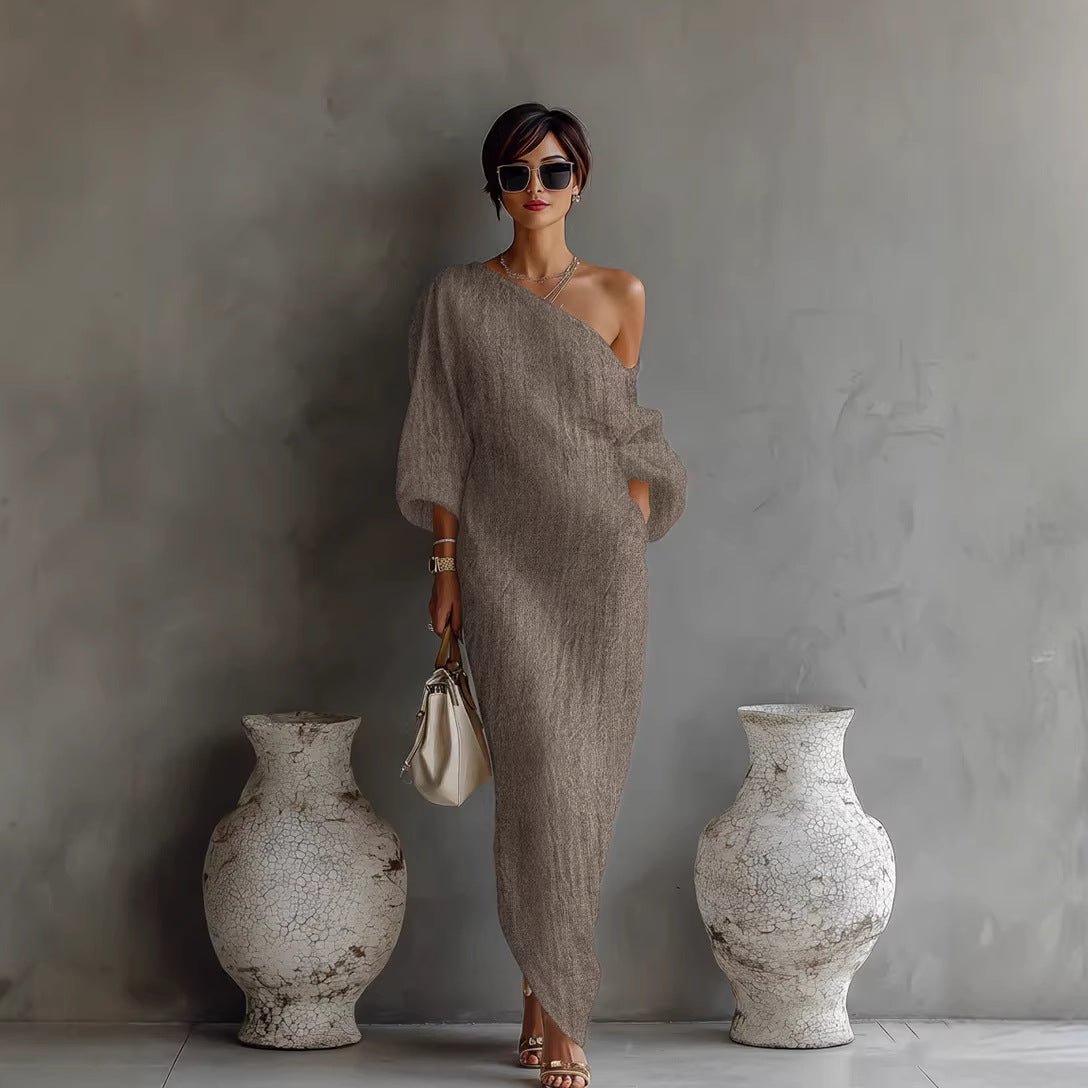 Maxi Dress Off Shoulder Lantern Sleeve Linen Blend Loose