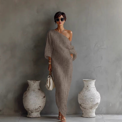 Maxi Dress Off Shoulder Lantern Sleeve Linen Blend Loose
