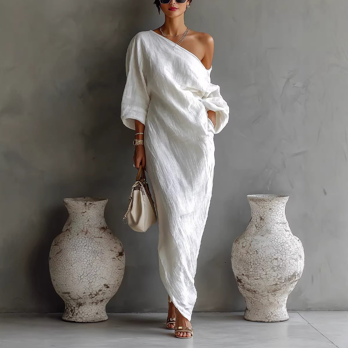 Vestido Maxi Lino Mangas Linterna Hombro Descubierto