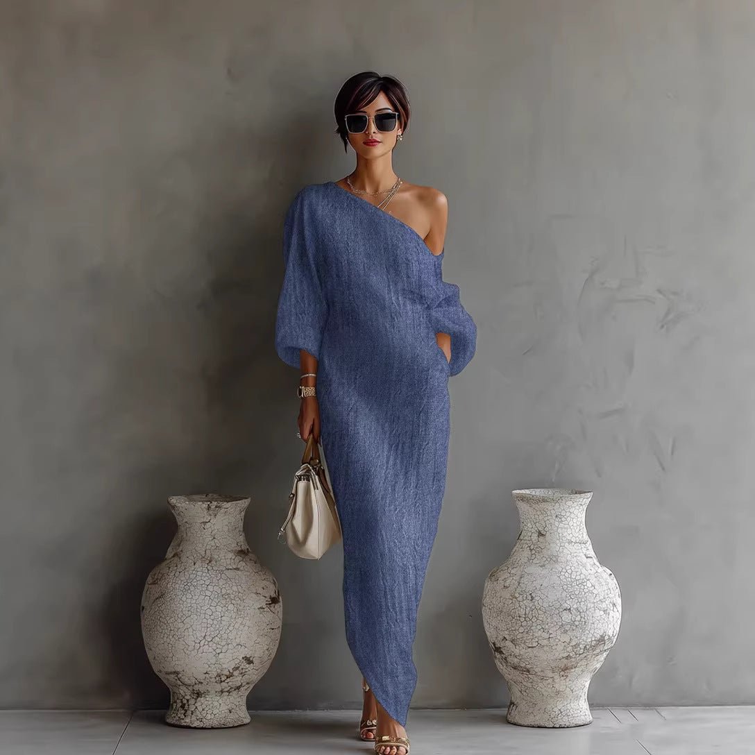 Vestido Maxi Lino Mangas Linterna Hombro Descubierto