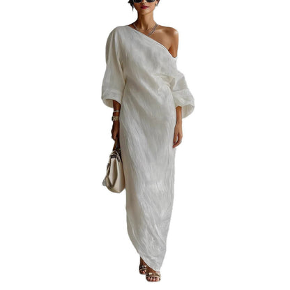 Vestido Maxi Lino Mangas Linterna Hombro Descubierto