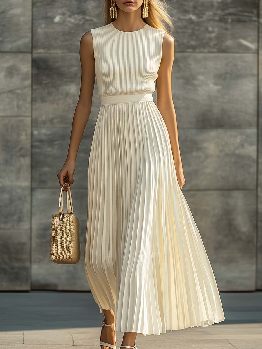 Maxi Dress Sleeveless Knit Pleated Chiffon