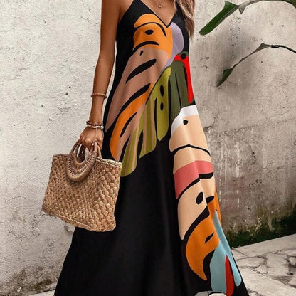 Maxi Dress Tropical Leaf Print V-Neck Sleeveless