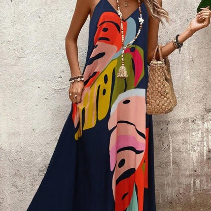 Vestido Maxi Hojas Tropicales Cuello V Sin Mangas