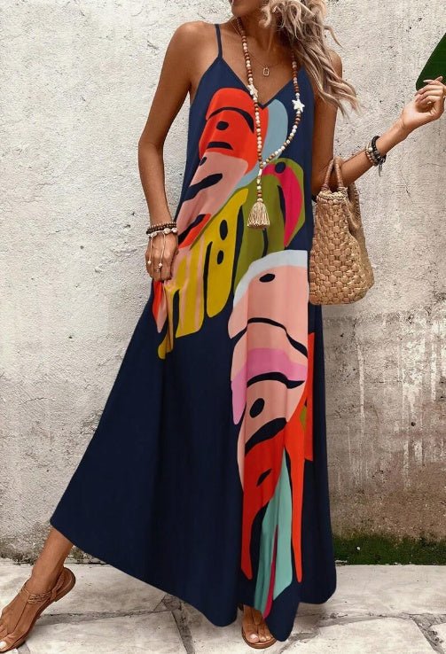 Vestido Maxi Hojas Tropicales Cuello V Sin Mangas