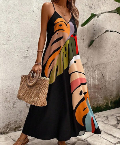 Vestido Maxi Hojas Tropicales Cuello V Sin Mangas